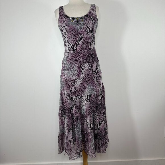 VTG Jessica Howard Purple Midi Dress Sz 10 Animal Print V Neck Sleeveless Fairy - Picture 1 of 14